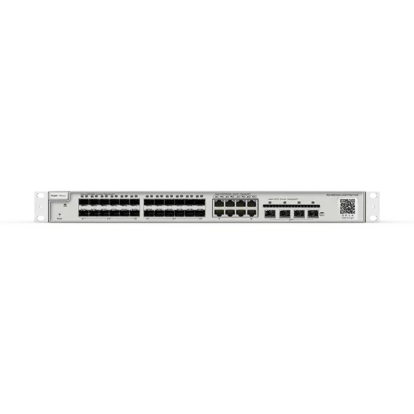 Image du switch RG‑NBS5200‑24SFP/8GT4XS, boîtier 1 U rack avec 24 ports SFP, 8 ports RJ‑45 Gigabit et 4 uplinks SFP+ 10 Gbps, design fanless.